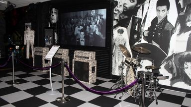 FILE - Amplifiers and a drum kit are on display at Prince's Paisley Park on Nov. 2, 2016, in Chanhassen, Minn. Paisley Park officials are marking the fifth anniversary of Prince's death by offering fans free admission to pay their respects in the suburban Minnesota compound, where his ashes will be on display in the atrium. (AP Photo/Jeff Baenen, File)